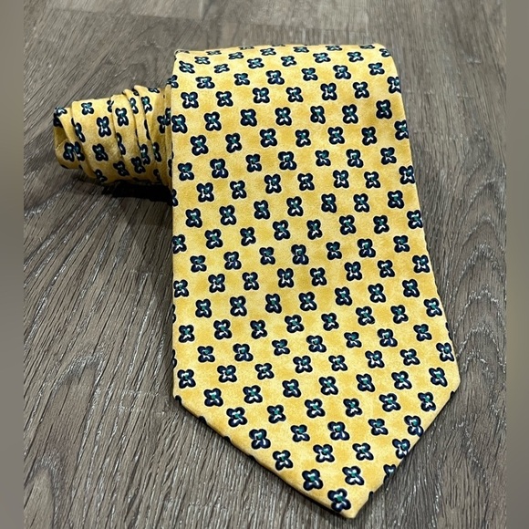 Polo Ralph Lauren Toe Made by Hand Yellow Geometric Navy Accent Designer Tie - Picture 2 of 12
